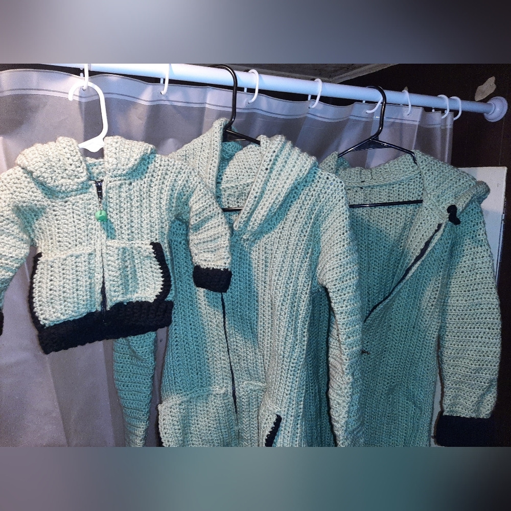 Matching dinosaur knit hoodies